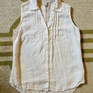 White Sleeveless Linen LL Bean Button-Up Top